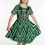 Aotearoa Whakatohea Kid Short Sleeve Dress Maori Tribal Green Abalone Paua Shell Pattern