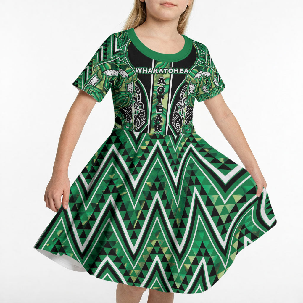 Aotearoa Whakatohea Kid Short Sleeve Dress Maori Tribal Green Abalone Paua Shell Pattern
