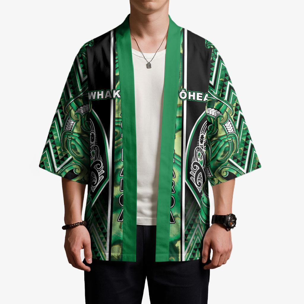 Aotearoa Whakatohea Kimono Maori Tribal Green Abalone Paua Shell Pattern