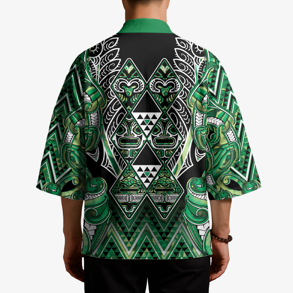 Aotearoa Whakatohea Kimono Maori Tribal Green Abalone Paua Shell Pattern