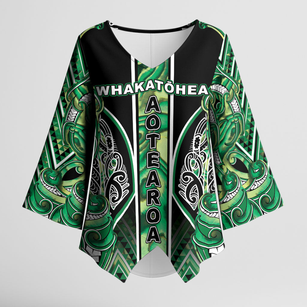 Aotearoa Whakatohea Kimono Sleeve Blouse Maori Tribal Green Abalone Paua Shell Pattern