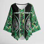 Aotearoa Whakatohea Kimono Sleeve Blouse Maori Tribal Green Abalone Paua Shell Pattern