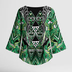 Aotearoa Whakatohea Kimono Sleeve Blouse Maori Tribal Green Abalone Paua Shell Pattern