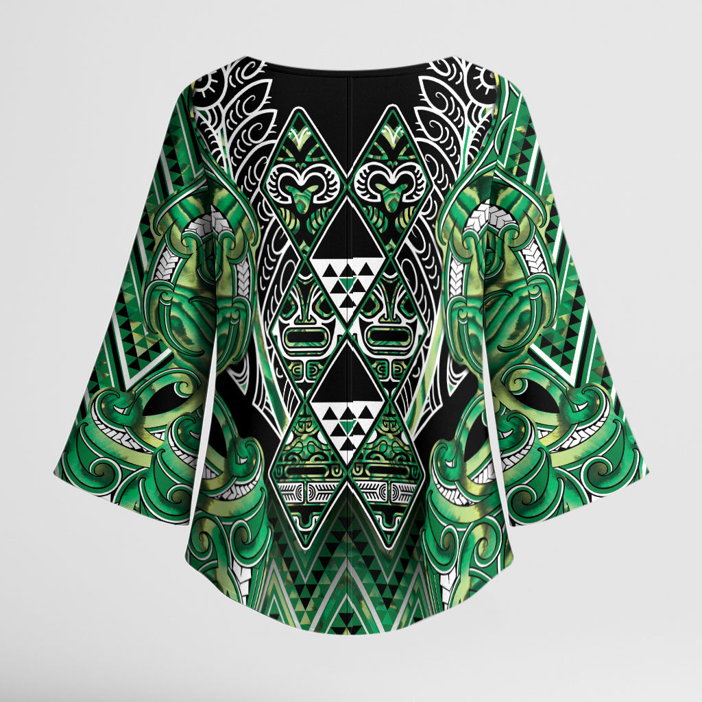 Aotearoa Whakatohea Kimono Sleeve Blouse Maori Tribal Green Abalone Paua Shell Pattern