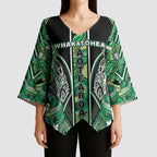 Aotearoa Whakatohea Kimono Sleeve Blouse Maori Tribal Green Abalone Paua Shell Pattern