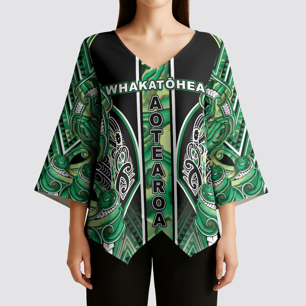 Aotearoa Whakatohea Kimono Sleeve Blouse Maori Tribal Green Abalone Paua Shell Pattern
