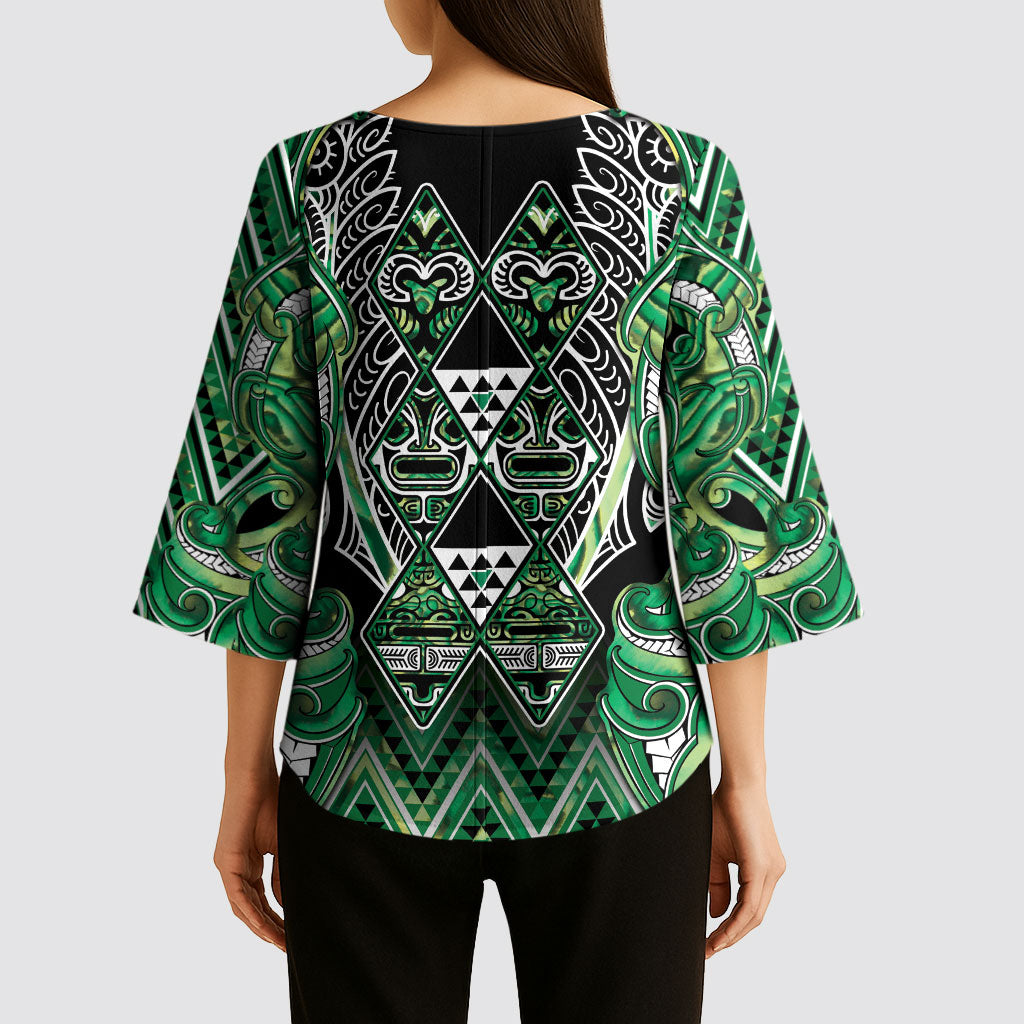 Aotearoa Whakatohea Kimono Sleeve Blouse Maori Tribal Green Abalone Paua Shell Pattern