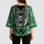 Aotearoa Whakatohea Kimono Sleeve Blouse Maori Tribal Green Abalone Paua Shell Pattern