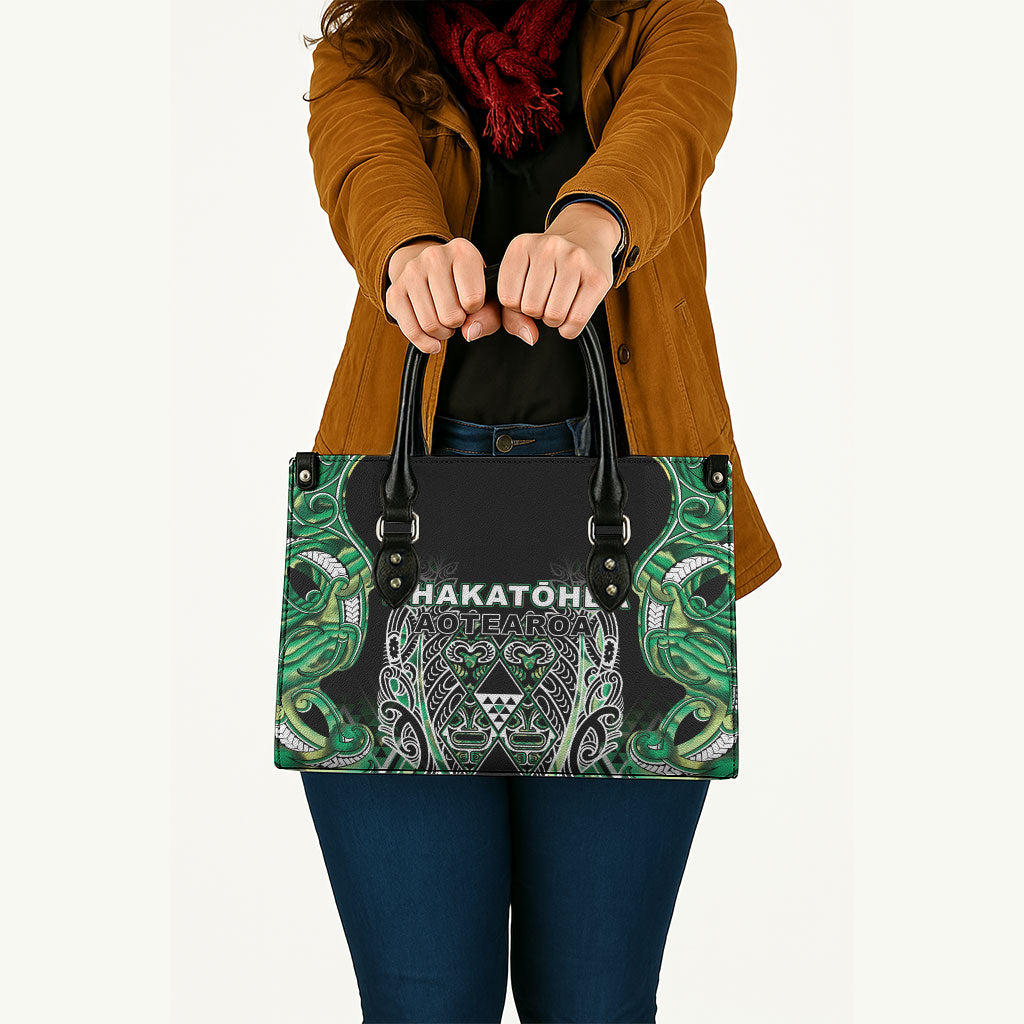 Aotearoa Whakatohea Leather Bag Maori Tribal Green Abalone Paua Shell Pattern