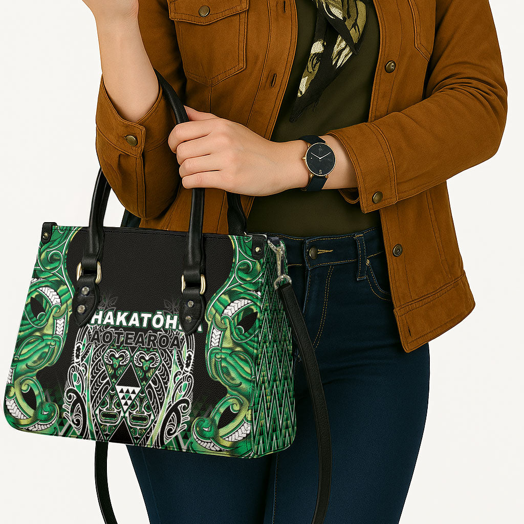 Aotearoa Whakatohea Leather Bag Maori Tribal Green Abalone Paua Shell Pattern