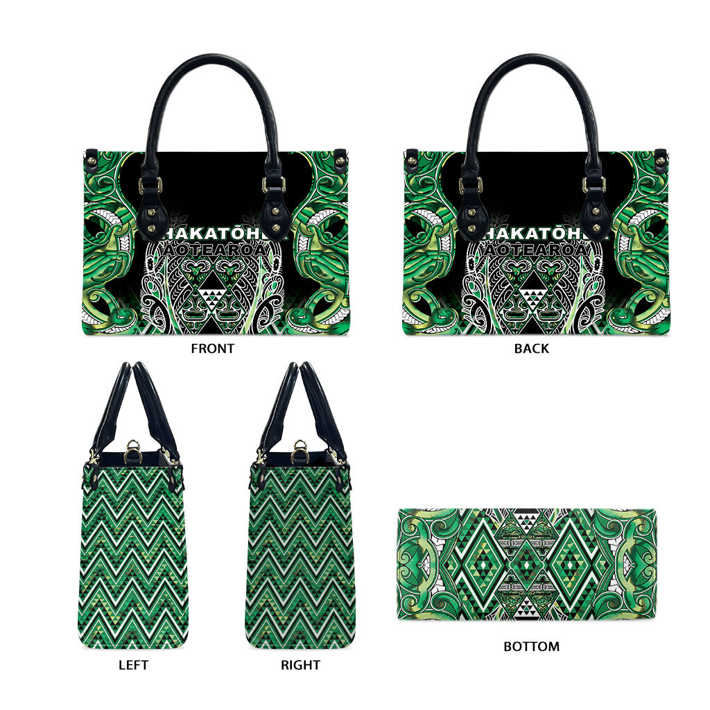 Aotearoa Whakatohea Leather Bag Maori Tribal Green Abalone Paua Shell Pattern