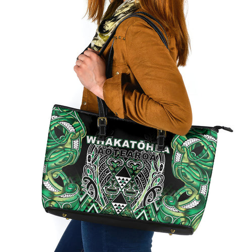 Aotearoa Whakatohea Leather Tote Bag Maori Tribal Green Abalone Paua Shell Pattern