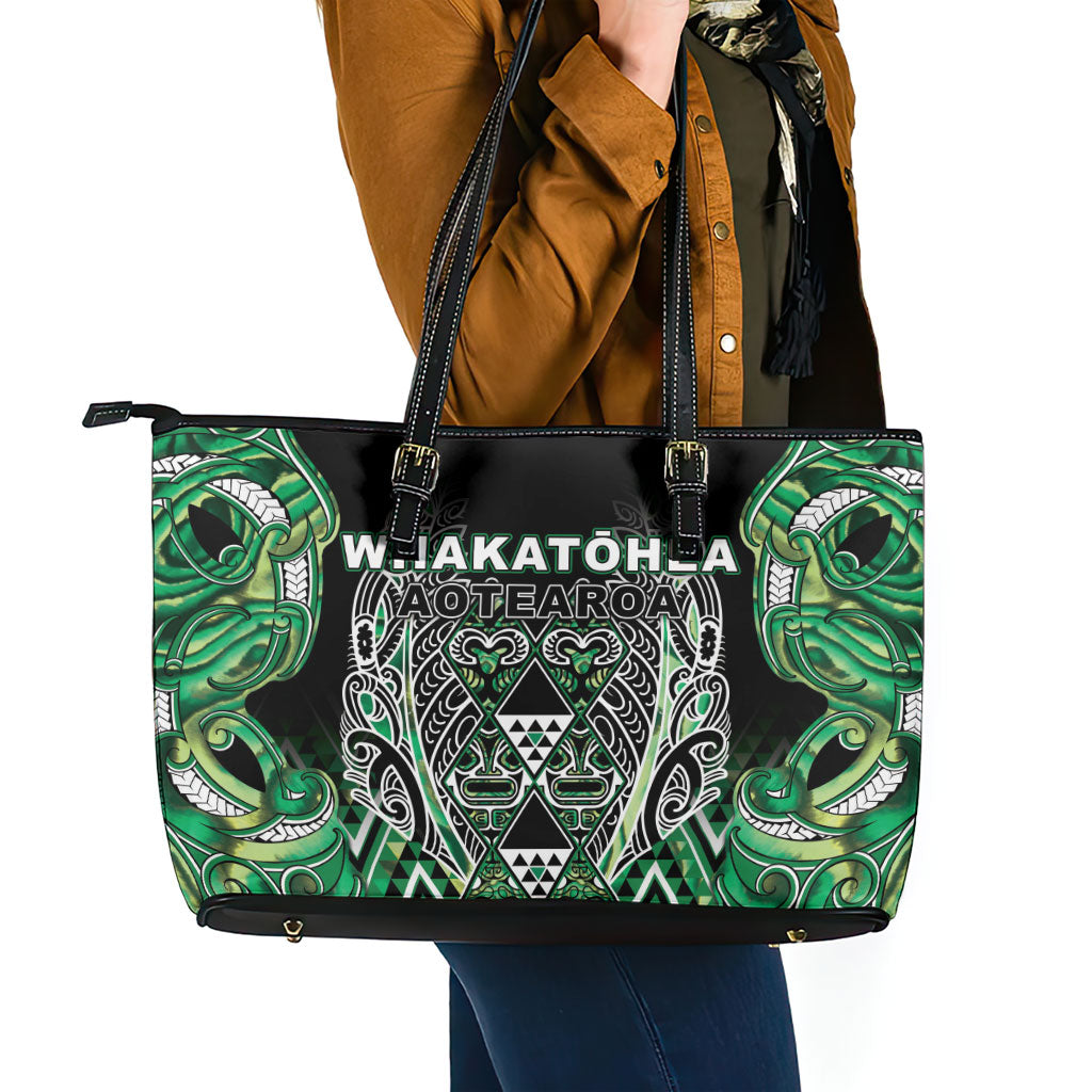 Aotearoa Whakatohea Leather Tote Bag Maori Tribal Green Abalone Paua Shell Pattern