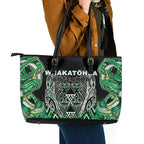 Aotearoa Whakatohea Leather Tote Bag Maori Tribal Green Abalone Paua Shell Pattern