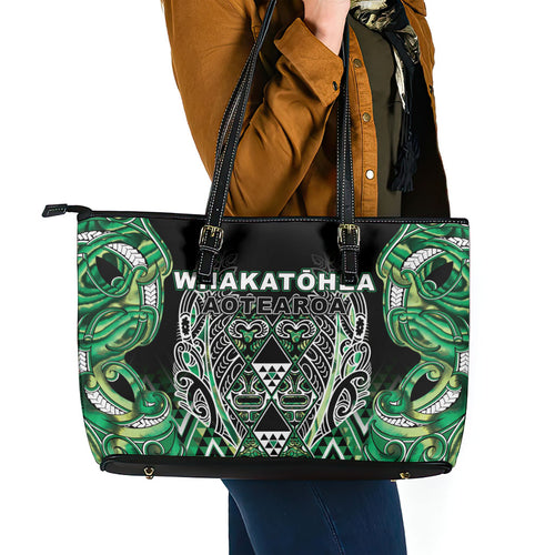 Aotearoa Whakatohea Leather Tote Bag Maori Tribal Green Abalone Paua Shell Pattern