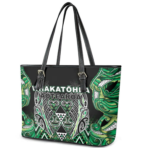 Aotearoa Whakatohea Leather Tote Bag Maori Tribal Green Abalone Paua Shell Pattern
