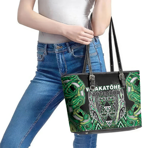 Aotearoa Whakatohea Leather Tote Bag Maori Tribal Green Abalone Paua Shell Pattern