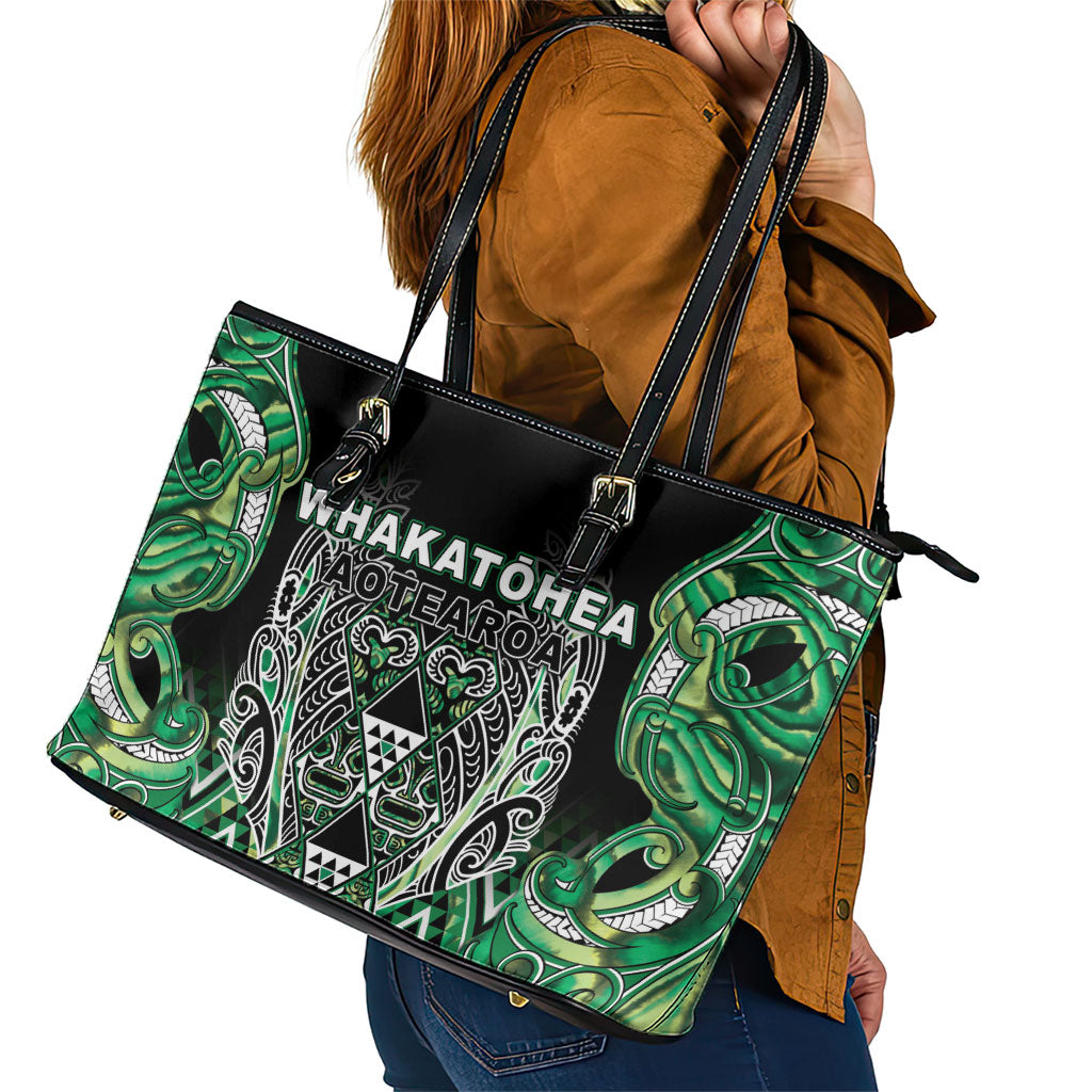 Aotearoa Whakatohea Leather Tote Bag Maori Tribal Green Abalone Paua Shell Pattern