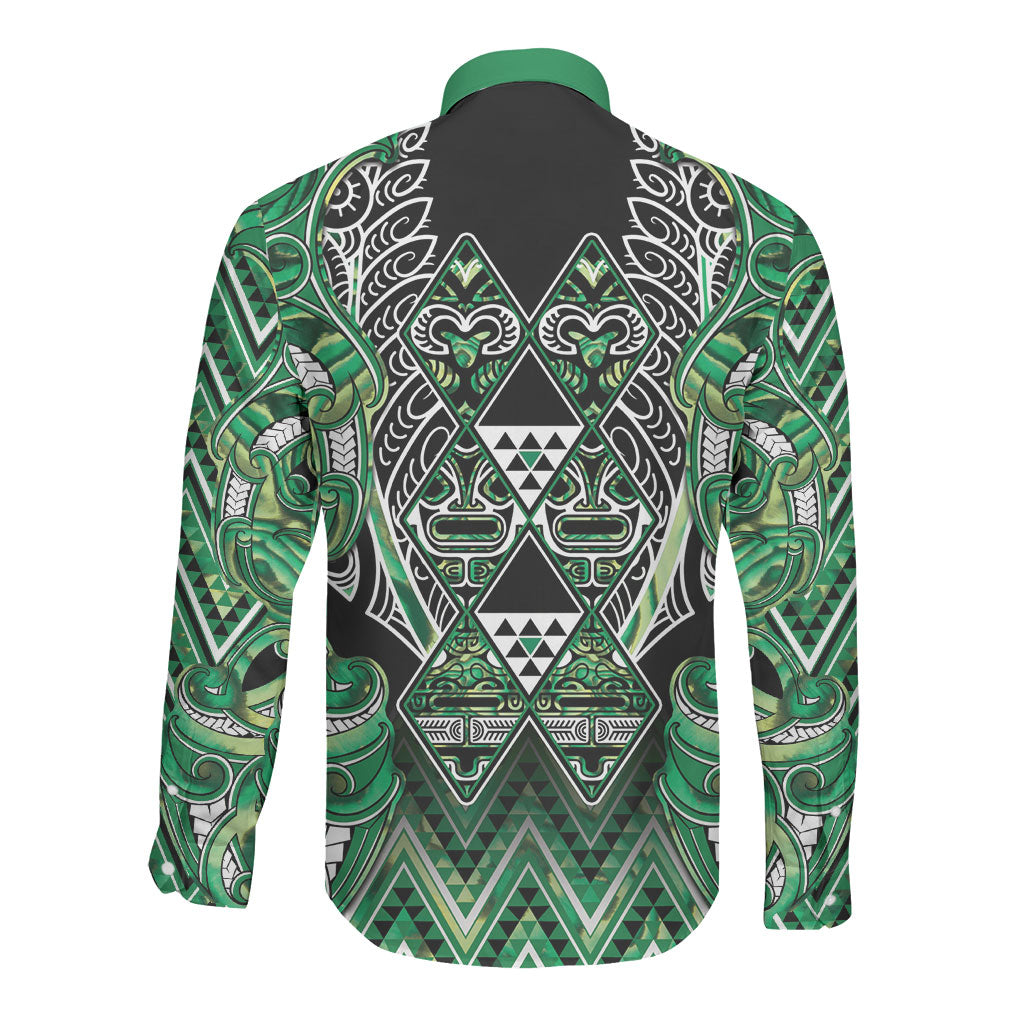 Aotearoa Whakatohea Long Sleeve Button Shirt Maori Tribal Green Abalone Paua Shell Pattern