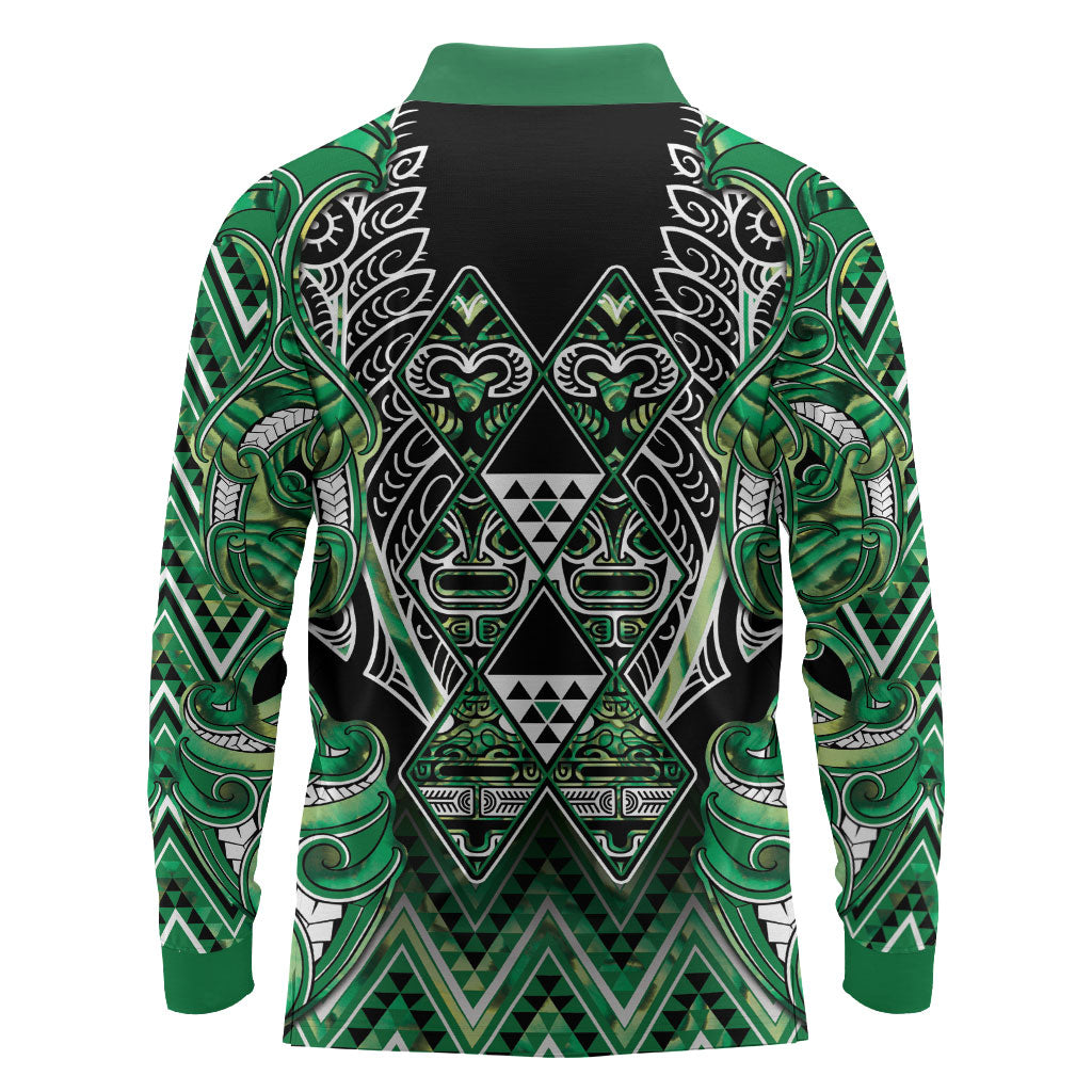 Aotearoa Whakatohea Long Sleeve Polo Shirt Maori Tribal Green Abalone Paua Shell Pattern