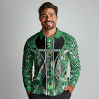 Aotearoa Whakatohea Long Sleeve Polo Shirt Maori Tribal Green Abalone Paua Shell Pattern