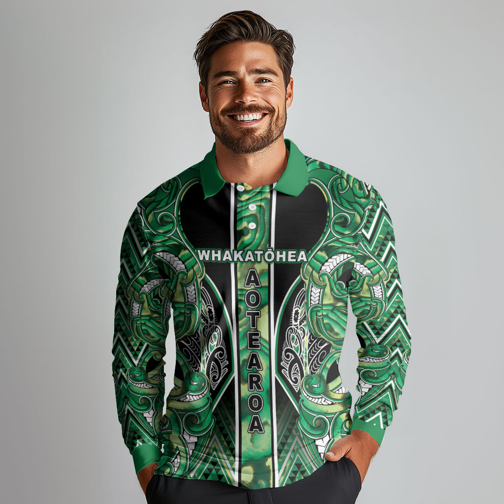 Aotearoa Whakatohea Long Sleeve Polo Shirt Maori Tribal Green Abalone Paua Shell Pattern
