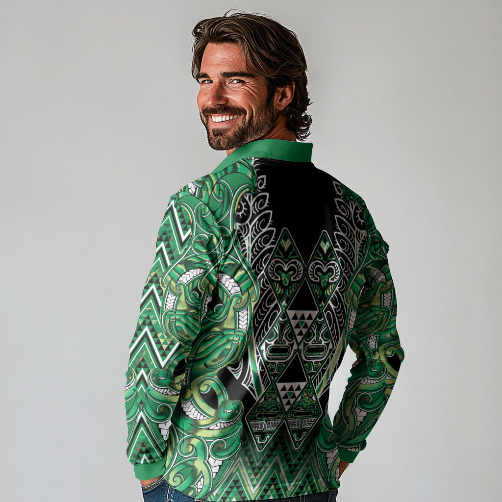 Aotearoa Whakatohea Long Sleeve Polo Shirt Maori Tribal Green Abalone Paua Shell Pattern