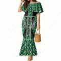 Aotearoa Whakatohea Mermaid Dress Maori Tribal Green Abalone Paua Shell Pattern
