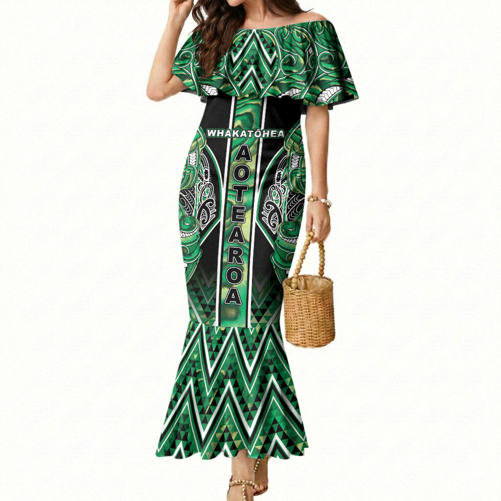 Aotearoa Whakatohea Mermaid Dress Maori Tribal Green Abalone Paua Shell Pattern