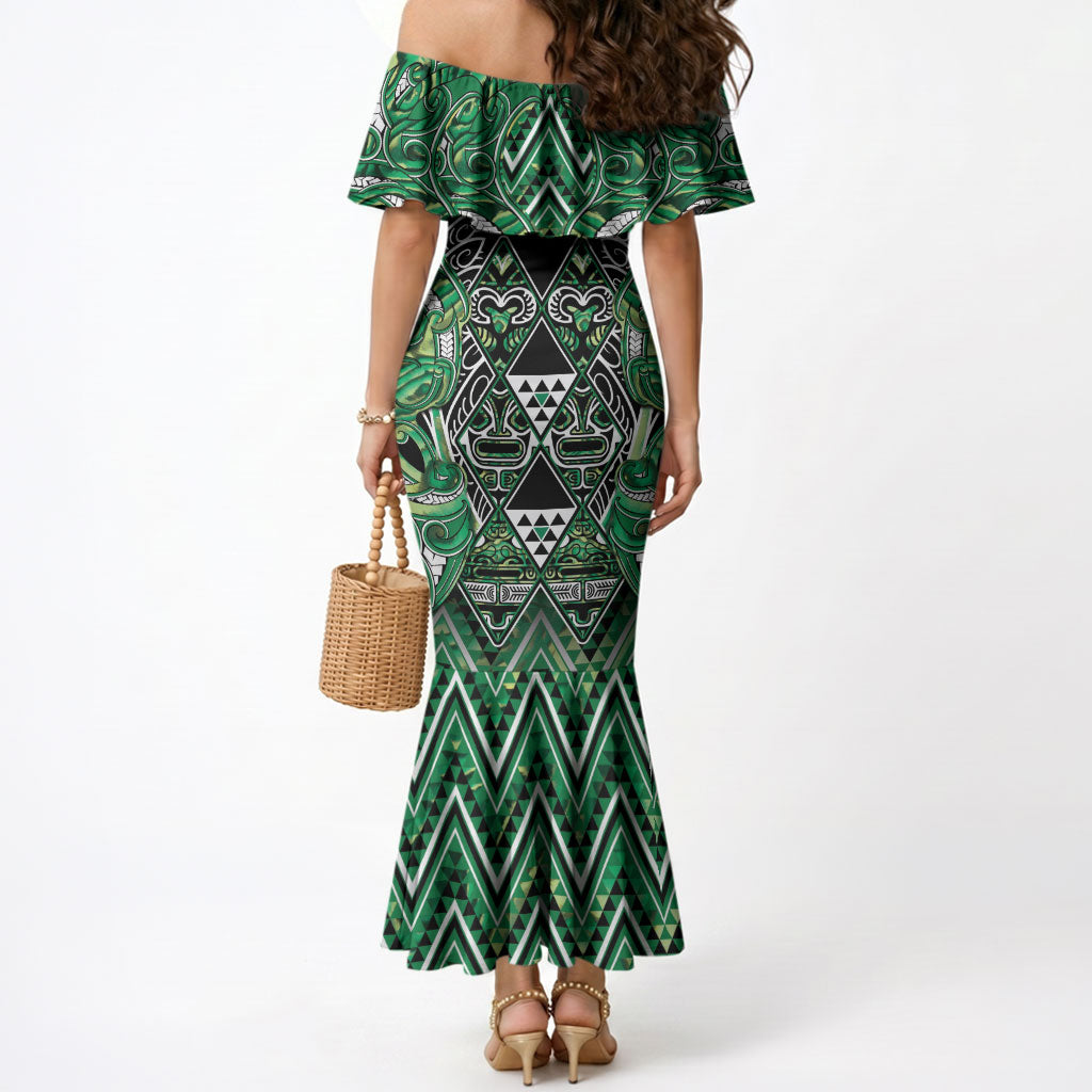 Aotearoa Whakatohea Mermaid Dress Maori Tribal Green Abalone Paua Shell Pattern