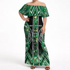 Aotearoa Whakatohea Off Shoulder Maxi Dress Maori Tribal Green Abalone Paua Shell Pattern