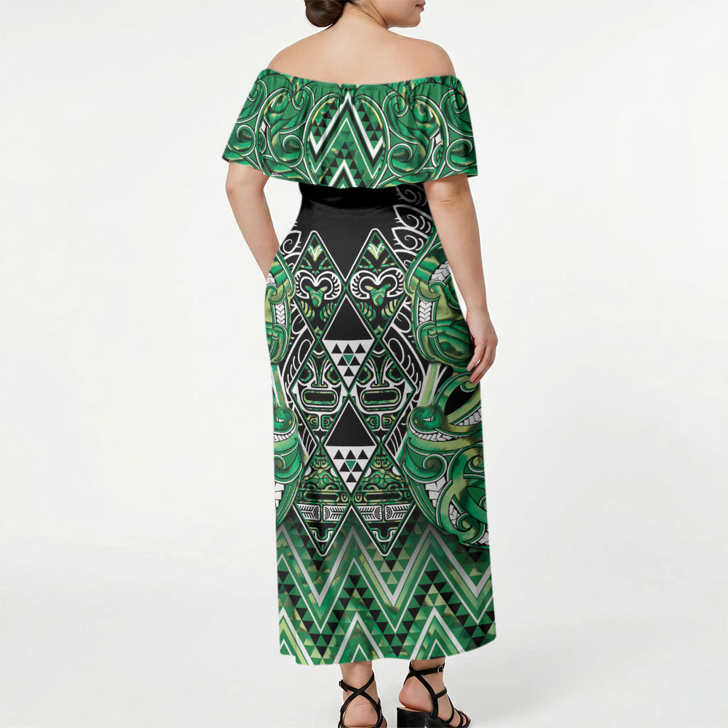 Aotearoa Whakatohea Off Shoulder Maxi Dress Maori Tribal Green Abalone Paua Shell Pattern