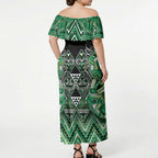 Aotearoa Whakatohea Off Shoulder Maxi Dress Maori Tribal Green Abalone Paua Shell Pattern
