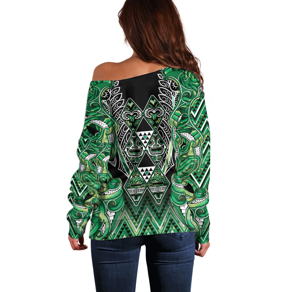 Aotearoa Whakatohea Off Shoulder Sweater Maori Tribal Green Abalone Paua Shell Pattern
