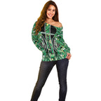 Aotearoa Whakatohea Off Shoulder Sweater Maori Tribal Green Abalone Paua Shell Pattern