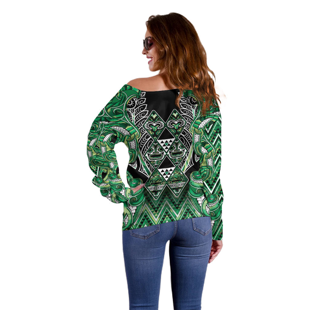 Aotearoa Whakatohea Off Shoulder Sweater Maori Tribal Green Abalone Paua Shell Pattern