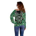 Aotearoa Whakatohea Off Shoulder Sweater Maori Tribal Green Abalone Paua Shell Pattern