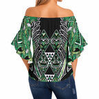 Aotearoa Whakatohea Off Shoulder Wrap Waist Top Maori Tribal Green Abalone Paua Shell Pattern