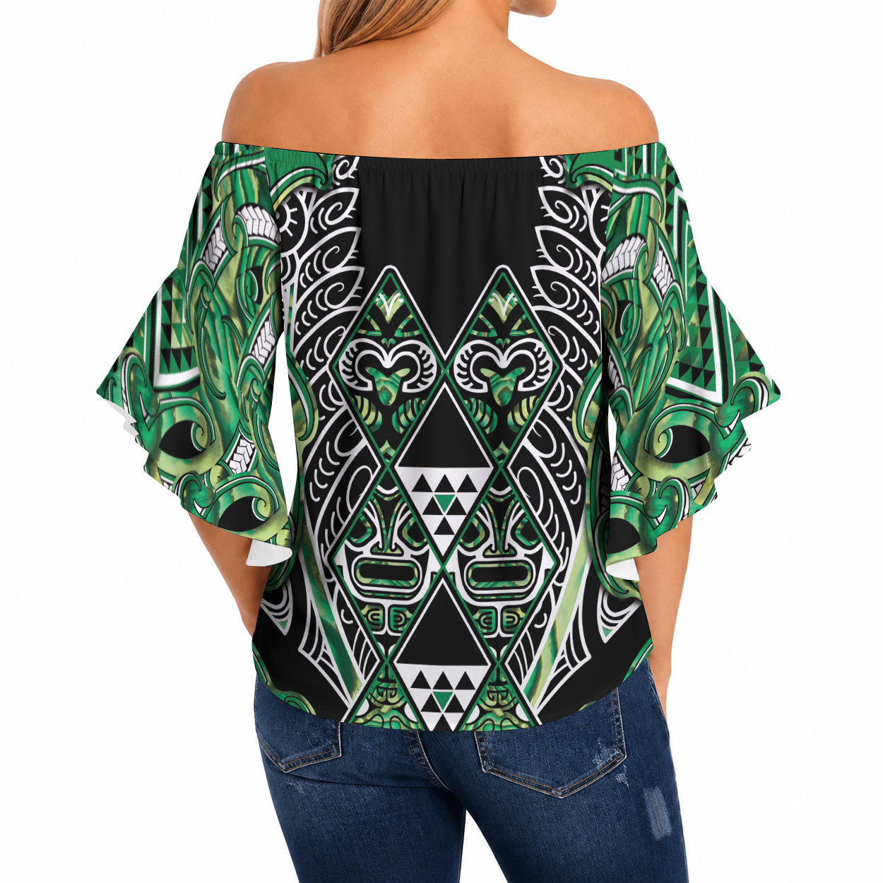 Aotearoa Whakatohea Off Shoulder Wrap Waist Top Maori Tribal Green Abalone Paua Shell Pattern