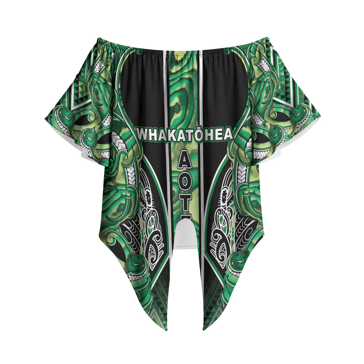 Aotearoa Whakatohea Off Shoulder Wrap Waist Top Maori Tribal Green Abalone Paua Shell Pattern