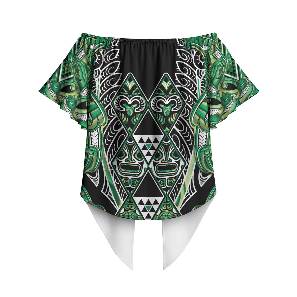 Aotearoa Whakatohea Off Shoulder Wrap Waist Top Maori Tribal Green Abalone Paua Shell Pattern