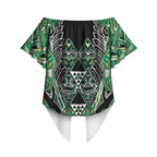 Aotearoa Whakatohea Off Shoulder Wrap Waist Top Maori Tribal Green Abalone Paua Shell Pattern