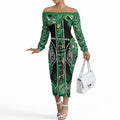 Aotearoa Whakatohea Off The Shoulder Long Sleeve Dress Maori Tribal Green Abalone Paua Shell Pattern