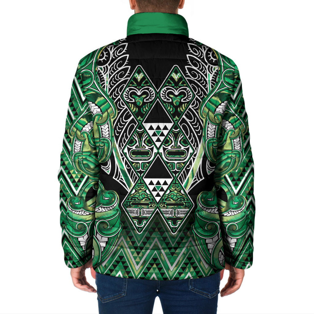 Aotearoa Whakatohea Padded Jacket Maori Tribal Green Abalone Paua Shell Pattern