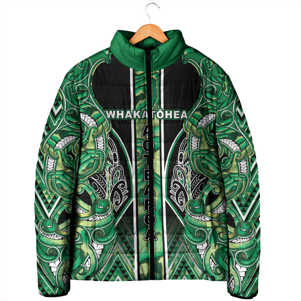Aotearoa Whakatohea Padded Jacket Maori Tribal Green Abalone Paua Shell Pattern