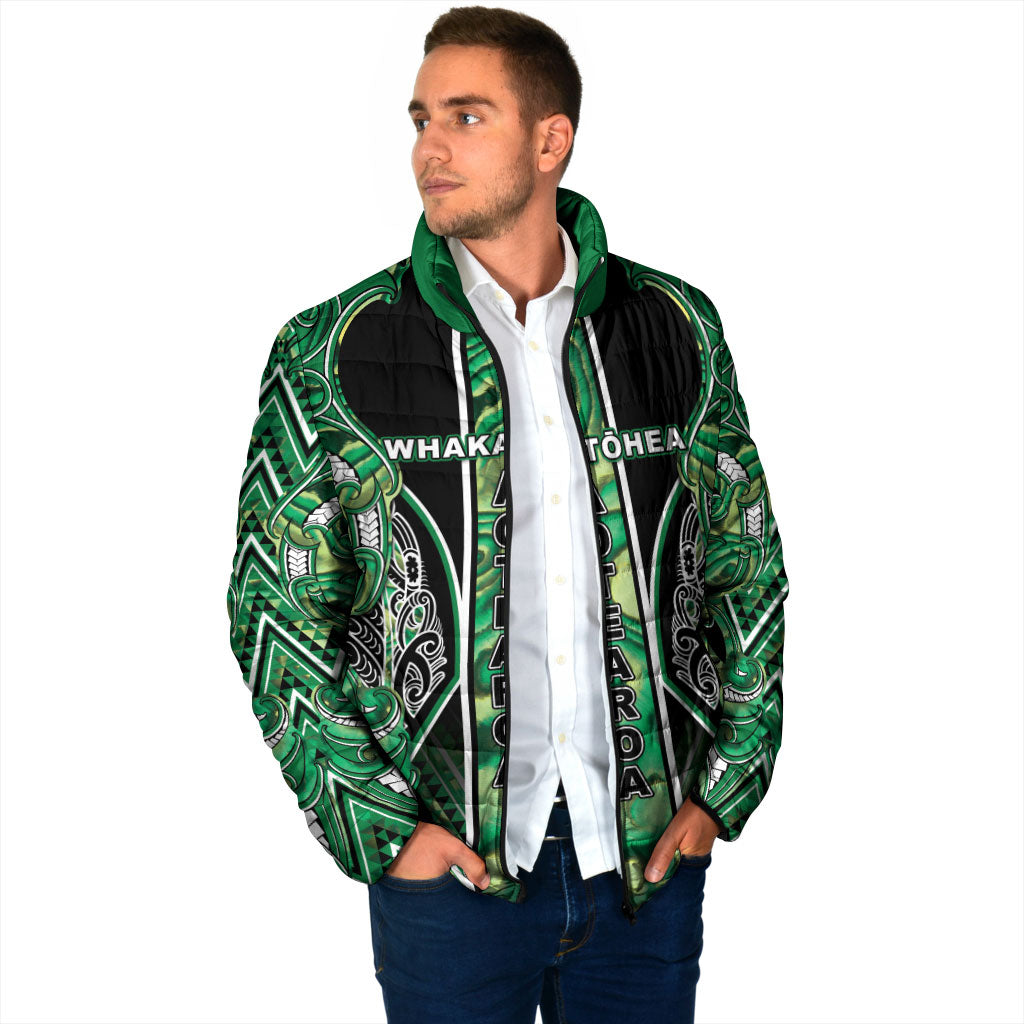 Aotearoa Whakatohea Padded Jacket Maori Tribal Green Abalone Paua Shell Pattern