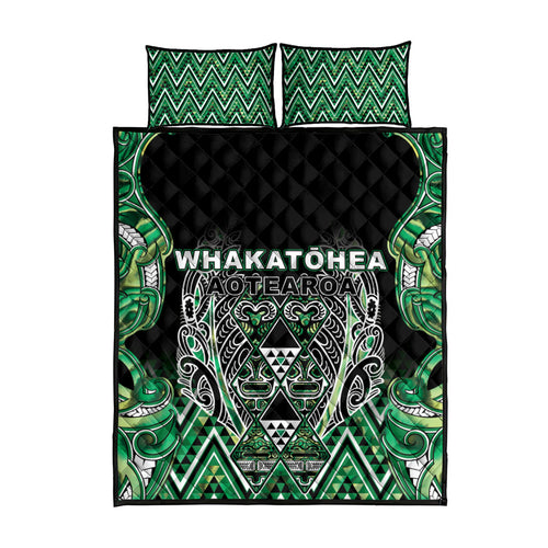 Aotearoa Whakatohea Quilt Bed Set Maori Tribal Green Abalone Paua Shell Pattern