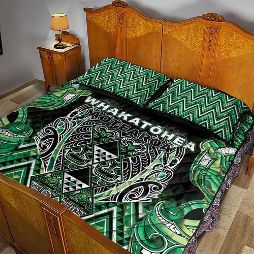 Aotearoa Whakatohea Quilt Bed Set Maori Tribal Green Abalone Paua Shell Pattern