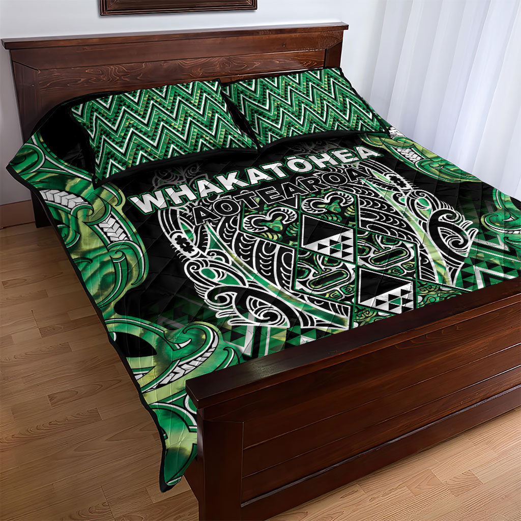 Aotearoa Whakatohea Quilt Bed Set Maori Tribal Green Abalone Paua Shell Pattern