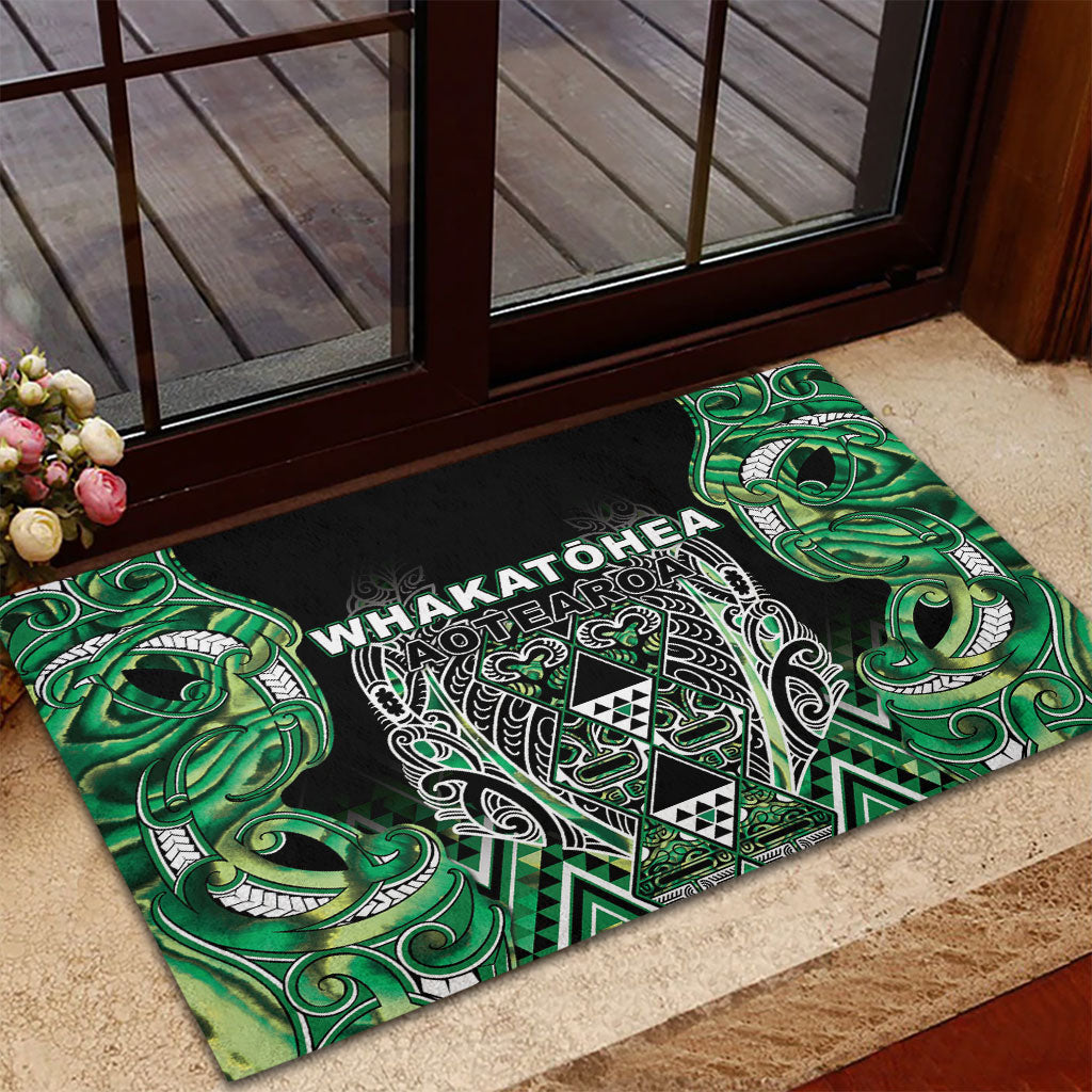 Aotearoa Whakatohea Rubber Doormat Maori Tribal Green Abalone Paua Shell Pattern